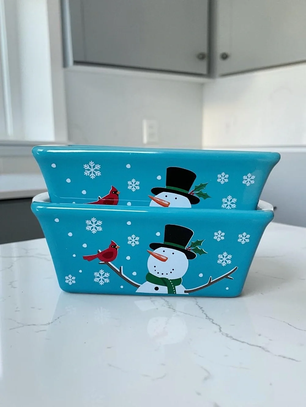 Nantucket Stoneware Mini Baking Loaf Pans Snowman Cardinal